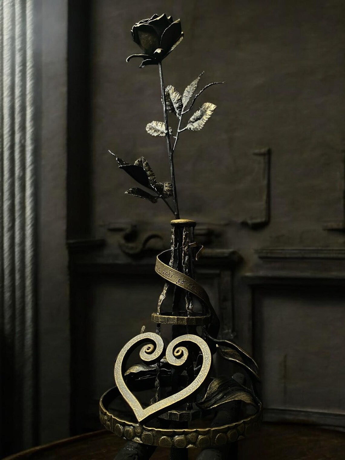 Hand-Forged Iron Rose with Heart Base – A Symbol of Eternal Love