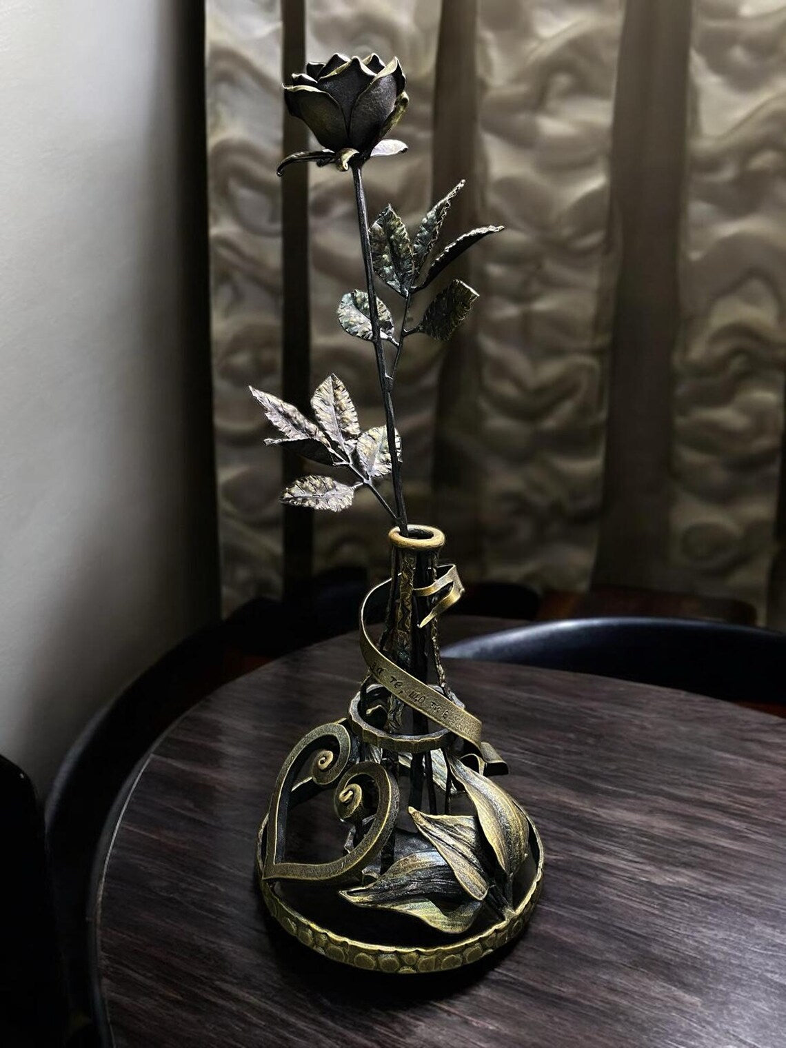 Hand-Forged Iron Rose with Heart Base – A Symbol of Eternal Love