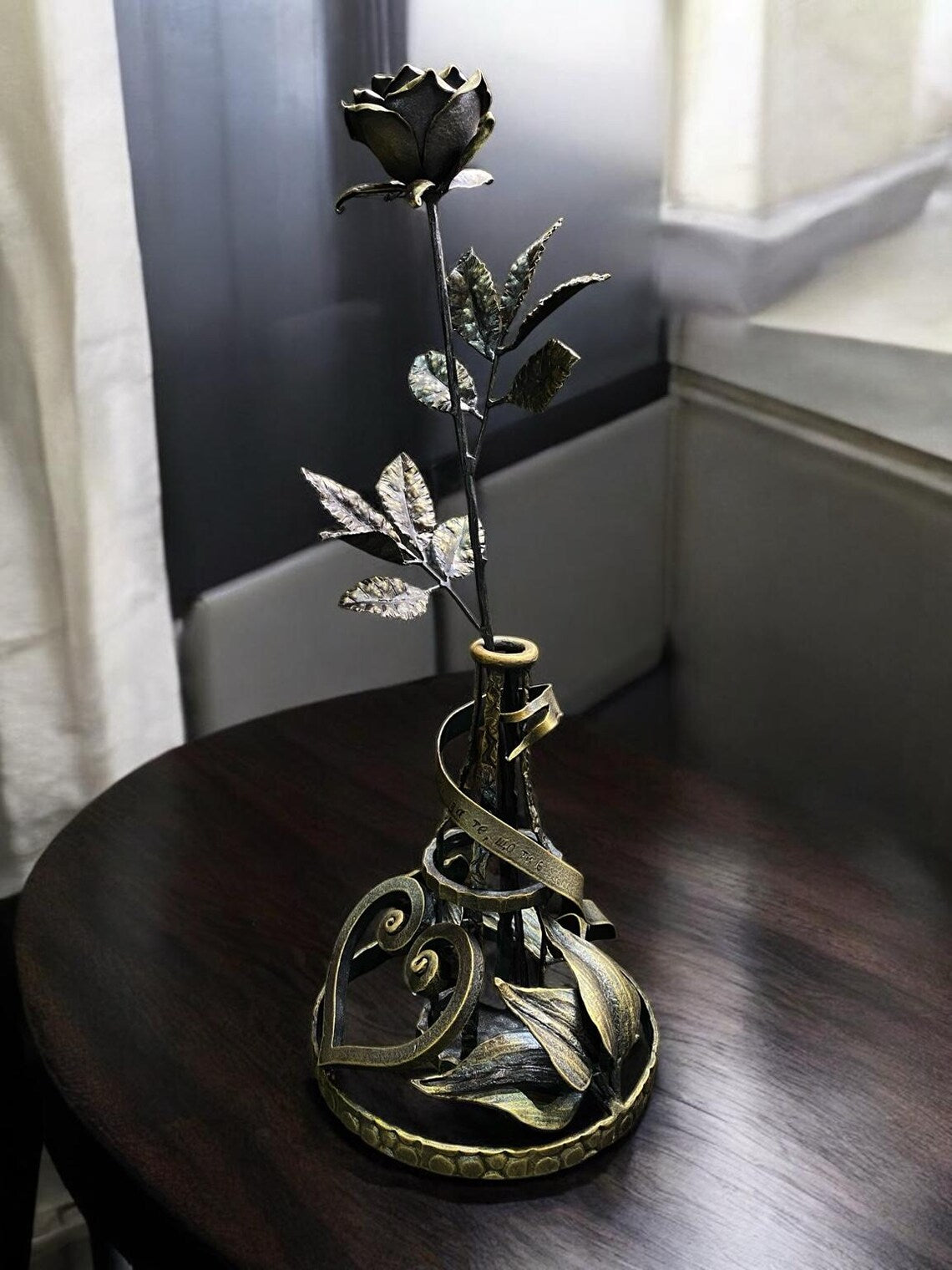 Hand-Forged Iron Rose with Heart Base – A Symbol of Eternal Love
