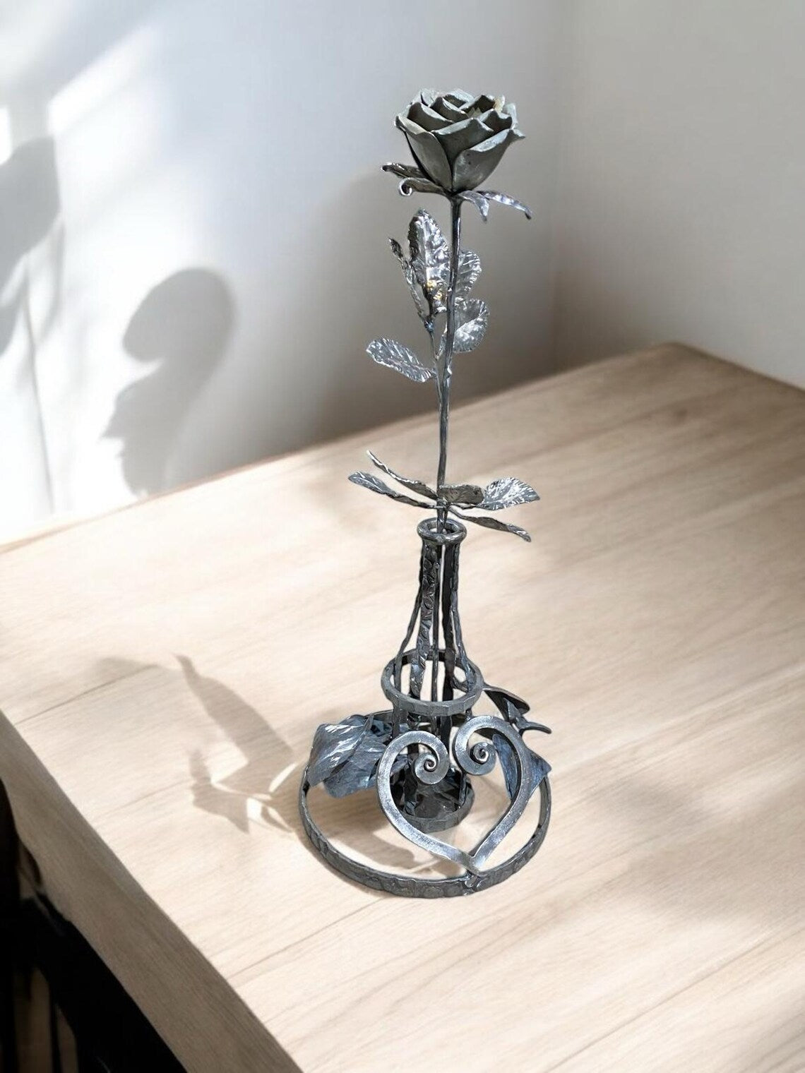 Hand-Forged Iron Rose with Heart Base – A Symbol of Eternal Love