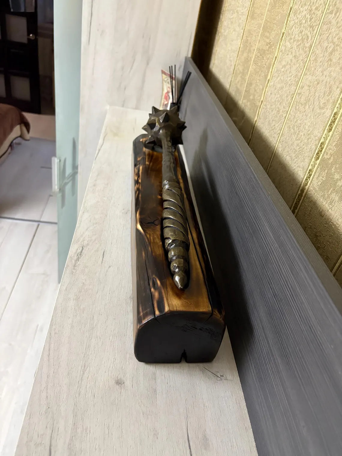 Hand-Forged Mace with Burnt Wood Stand: Medieval Warrior Decor
