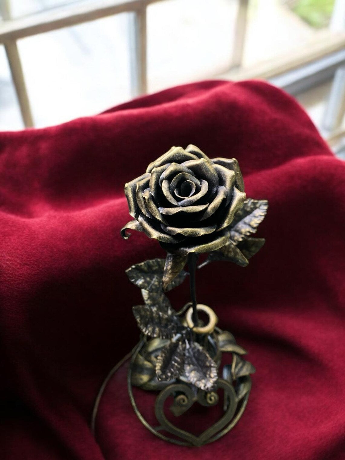 Hand-Forged Iron Rose with Heart Base – A Symbol of Eternal Love