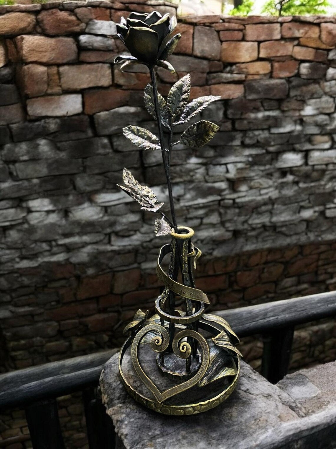 Hand-Forged Iron Rose with Heart Base – A Symbol of Eternal Love