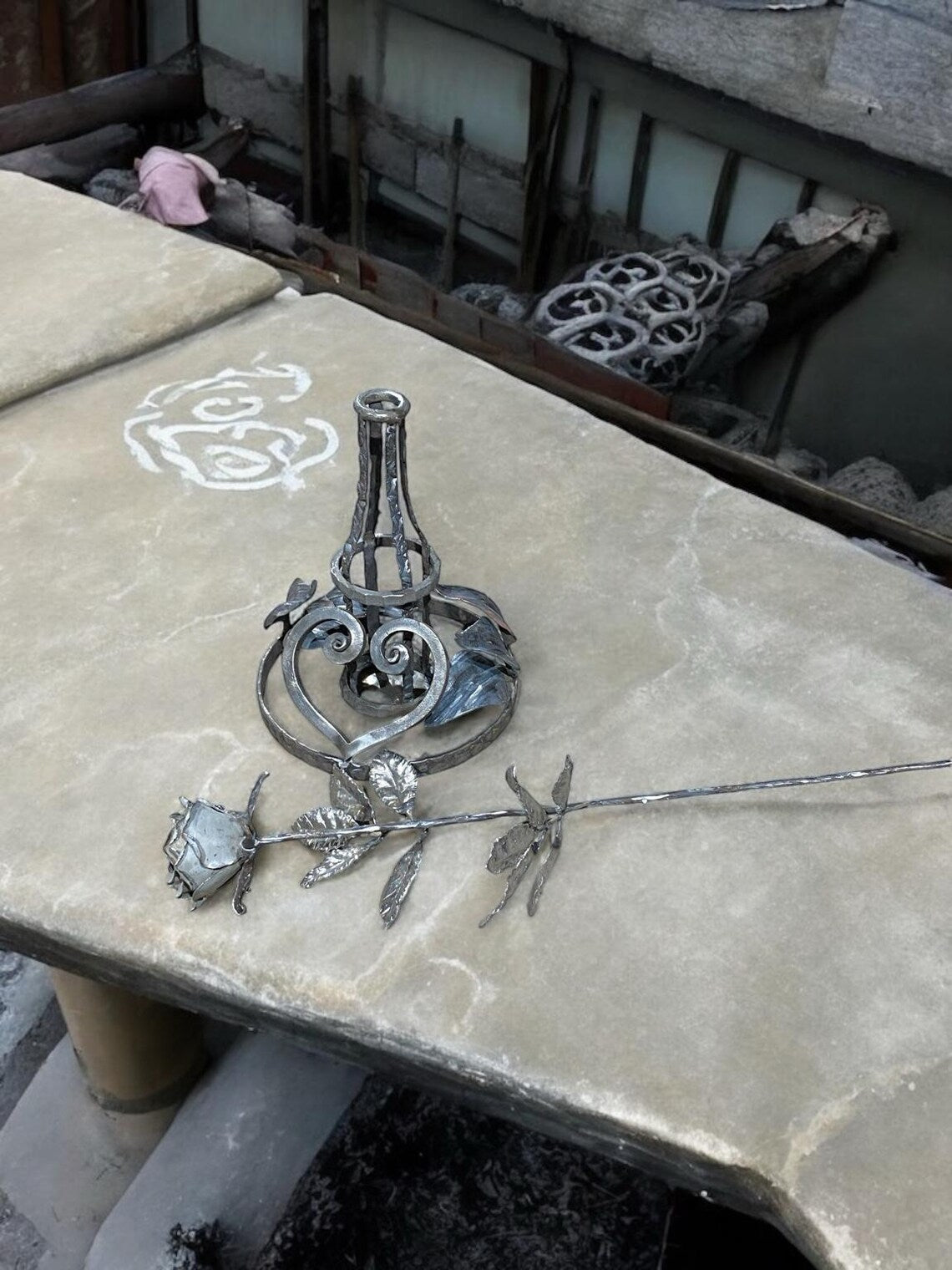 Hand-Forged Iron Rose with Heart Base – A Symbol of Eternal Love