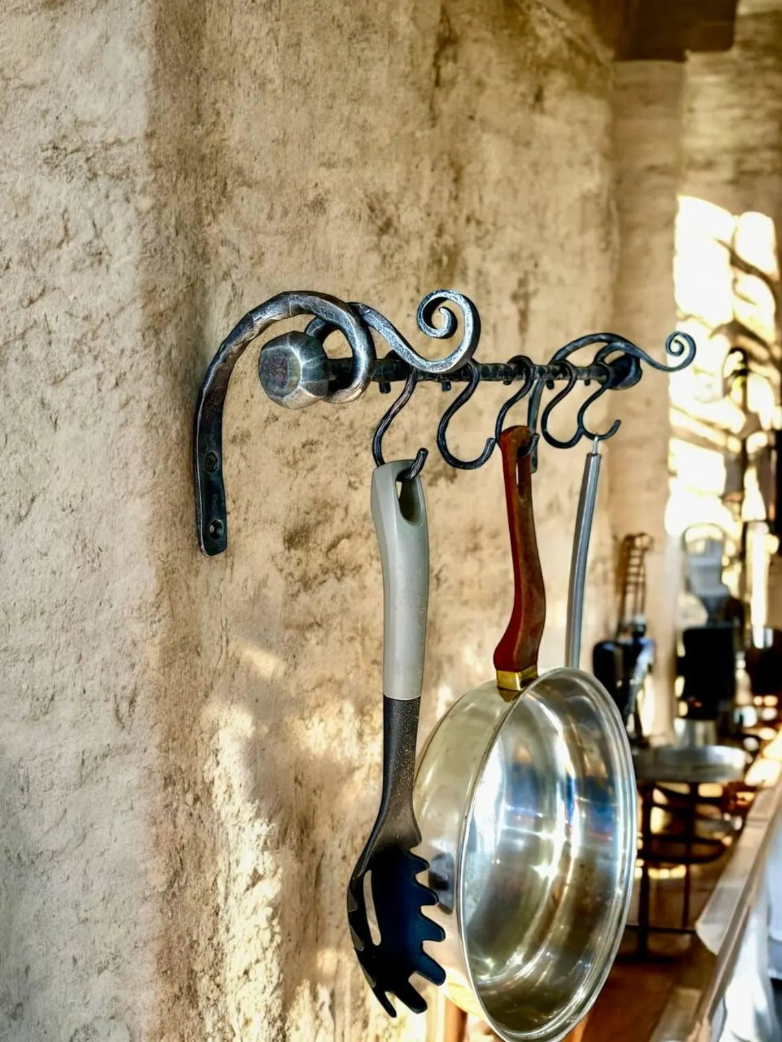 Hand Forged Iron Pot Rack: Rustic Kitchen Utensil Rail