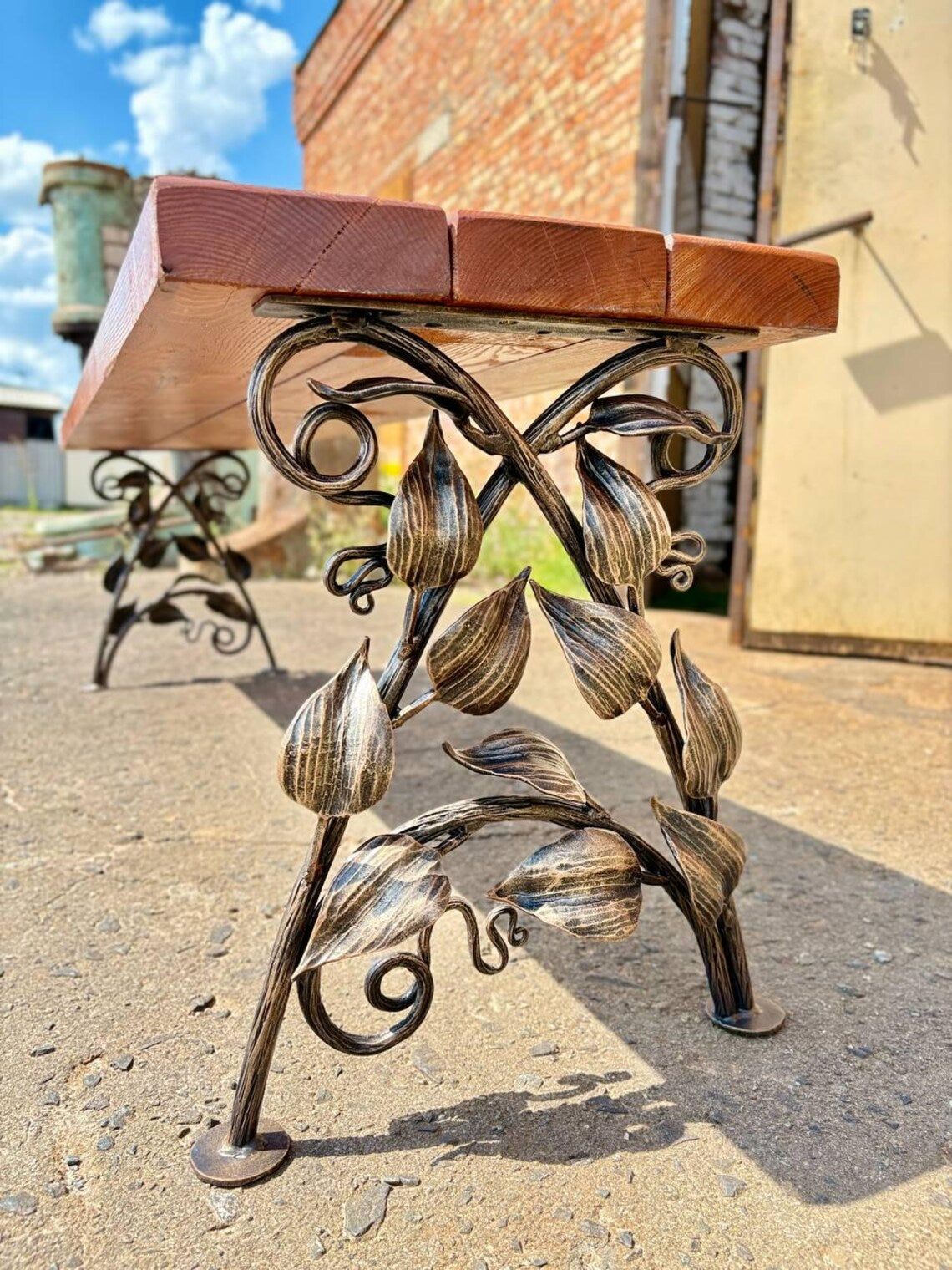 Hand Forged Wrought Iron Bench Legs: Rustic Vine & Leaf Design