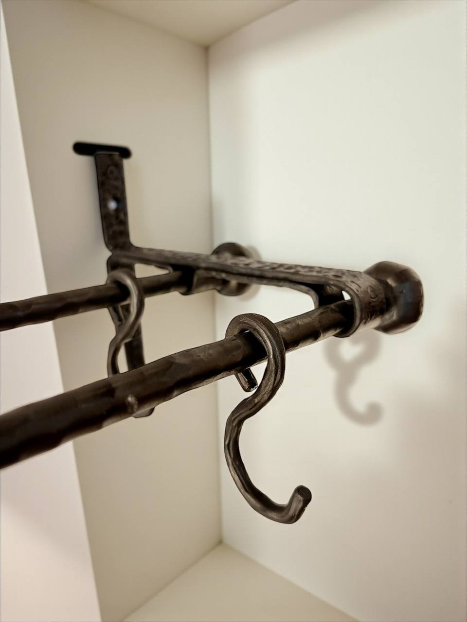 Hand Forged Iron Kitchen Shelf ,Double Bar Wall Mounted Pot and Cup Holder,Black Metal Organizer in Industrial Loft Style