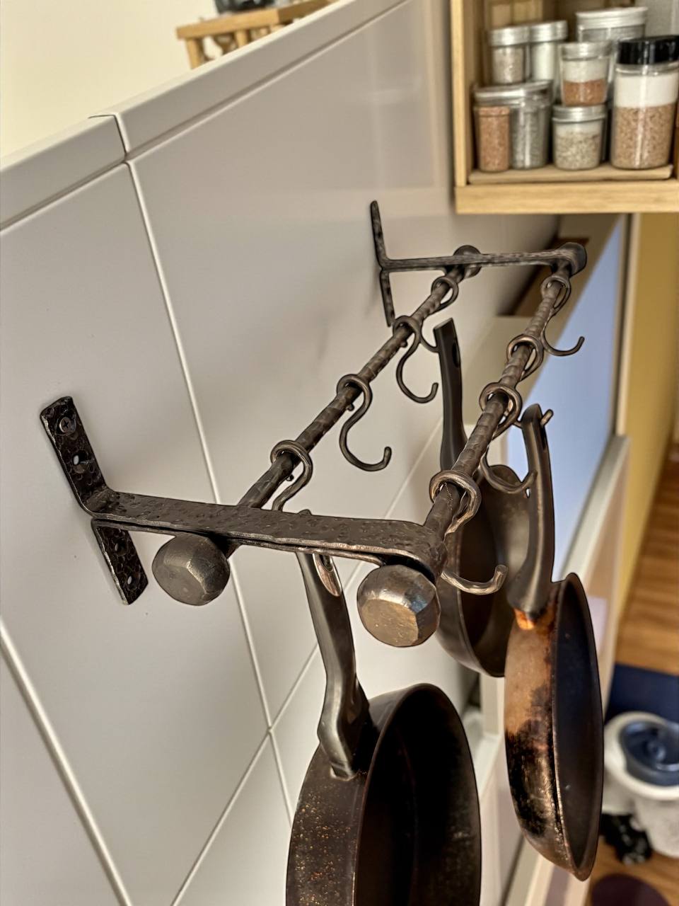 Hand Forged Iron Kitchen Shelf ,Double Bar Wall Mounted Pot and Cup Holder,Black Metal Organizer in Industrial Loft Style