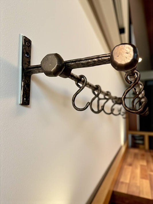 Hand Forged Iron Kitchen Shelf ,Double Bar Wall Mounted Pot and Cup Holder,Black Metal Organizer in Industrial Loft Style