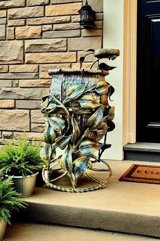 Hand-Forged Metal Outdoor Trash Bin with Ashtray: Decorative Garden Decor