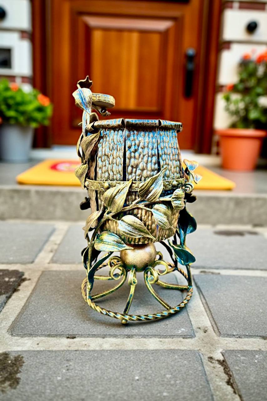 Hand-Forged Metal Outdoor Trash Bin with Ashtray: Decorative Garden Decor