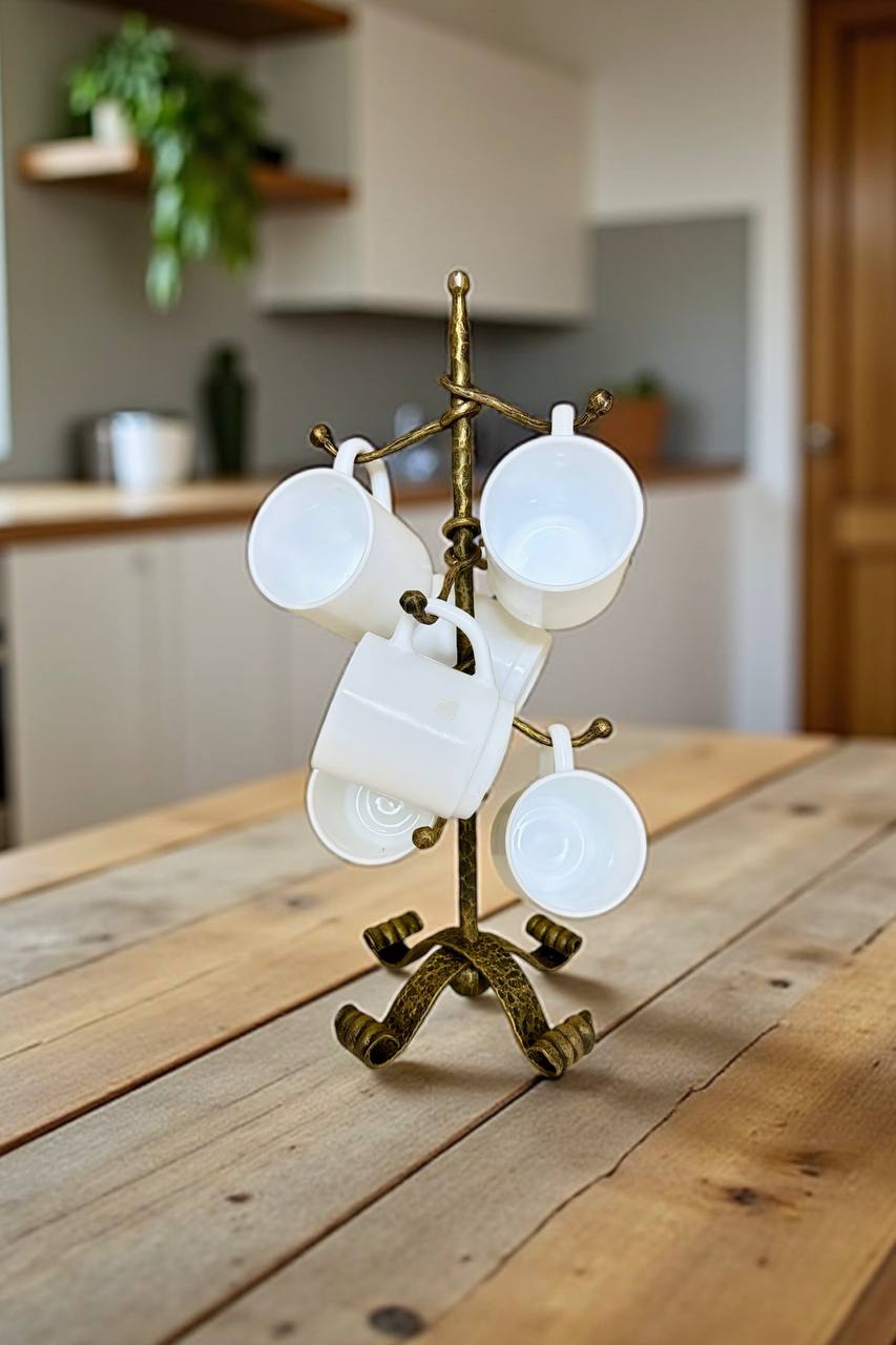 Forged Mug Stand with 8 Hooks,Adjustable Kitchen Cup Holder Rack,Hand Forged Metal, Bronze Patina, Premium Organizer