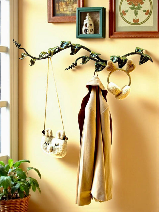 Modular Wrought Iron Wall Sculpture with Hooks,Hand Forged Iron Wall Hook Rack Branch, Metal Wall Decor with Leaves,Custom Length up to 20m