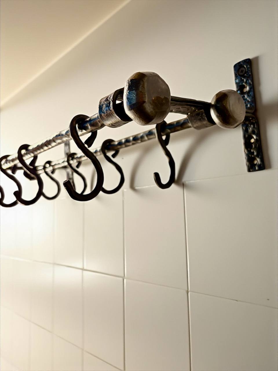 Hand Forged Iron Kitchen Shelf ,Double Bar Wall Mounted Pot and Cup Holder,Black Metal Organizer in Industrial Loft Style