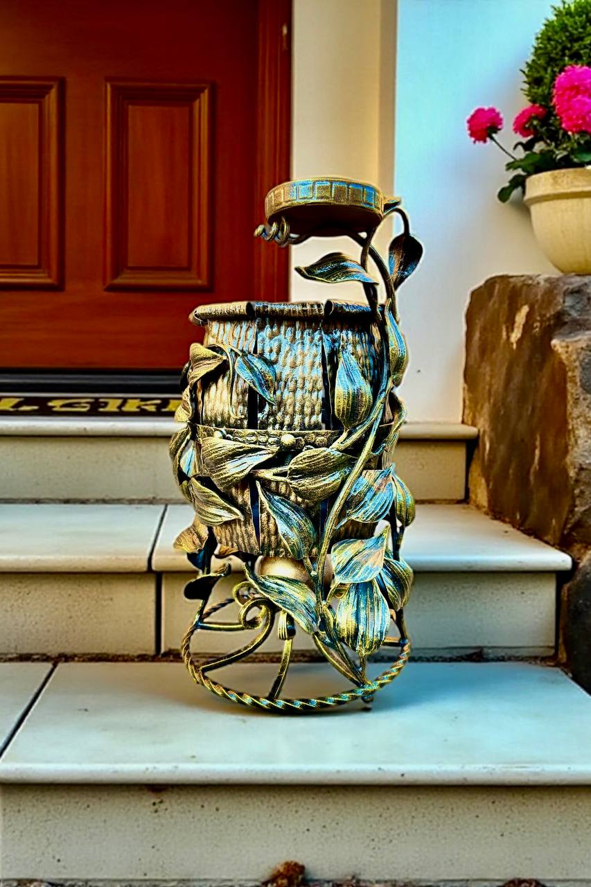 Hand-Forged Metal Outdoor Trash Bin with Ashtray: Decorative Garden Decor
