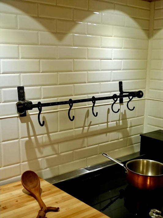 Hand-Forged Iron Kitchen Rack with Hooks – Heavy Duty Wrought Iron Pot and Pan Rail, Wall Mounted Utensil Holder, Custom Length 20–80 in