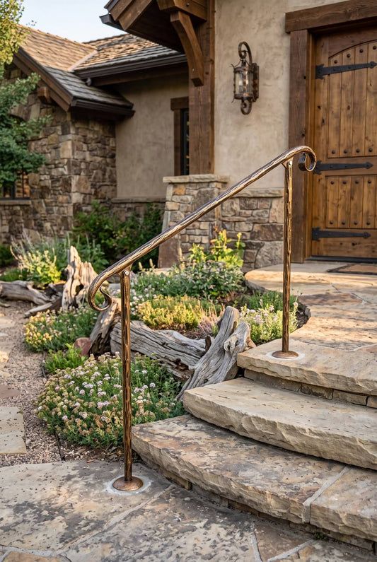 Hand forged iron railing for stone stairs, rustic outdoor stair railing.