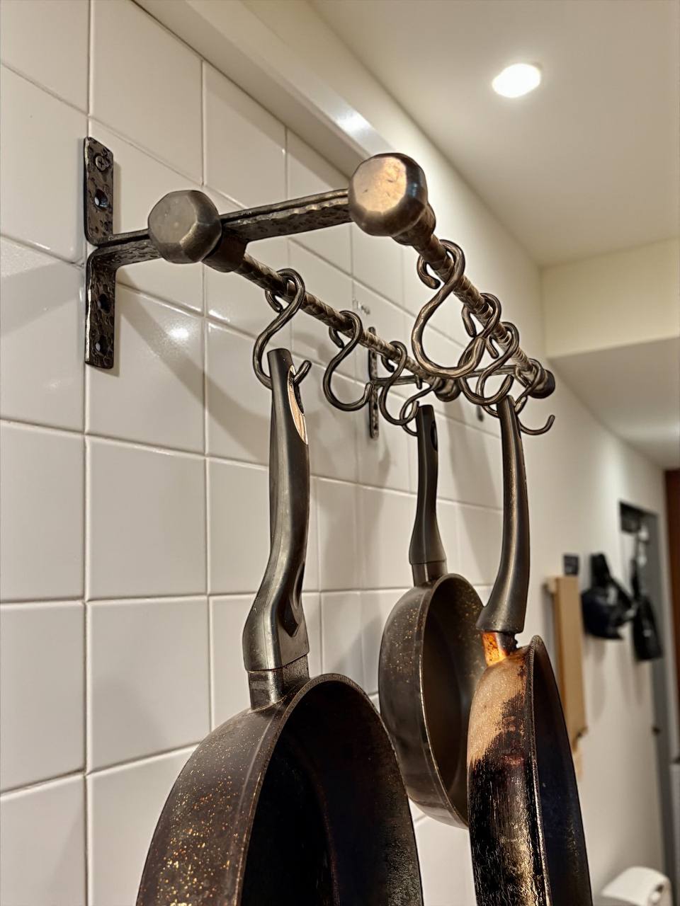 Hand Forged Iron Kitchen Shelf ,Double Bar Wall Mounted Pot and Cup Holder,Black Metal Organizer in Industrial Loft Style