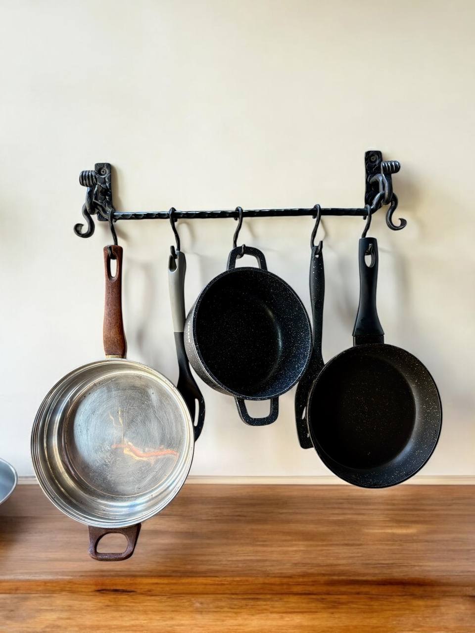 Wrought iron rack for cast iron pots and pans, premium handmade wall organizer for pots