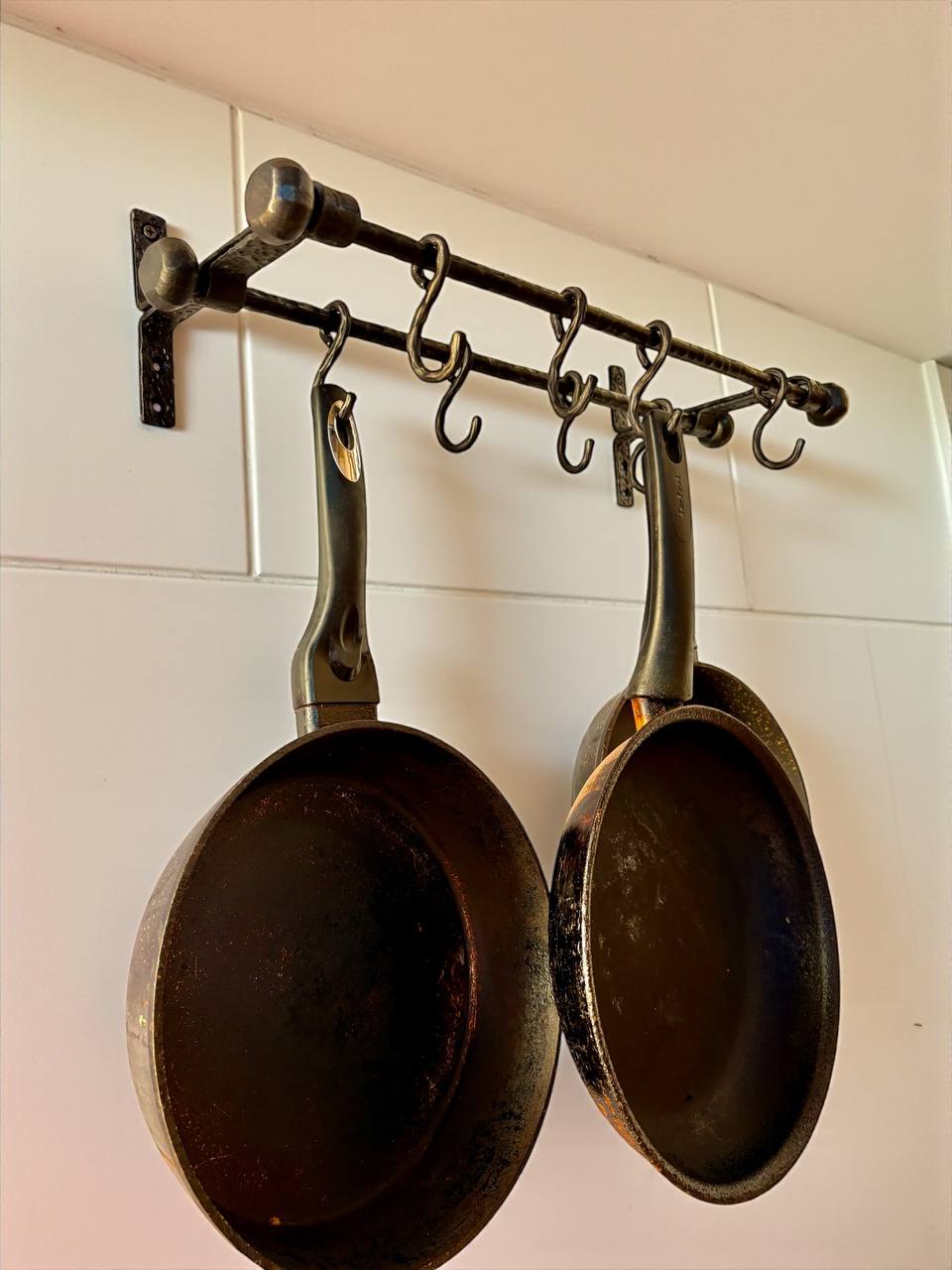 Hand Forged Iron Kitchen Shelf ,Double Bar Wall Mounted Pot and Cup Holder,Black Metal Organizer in Industrial Loft Style