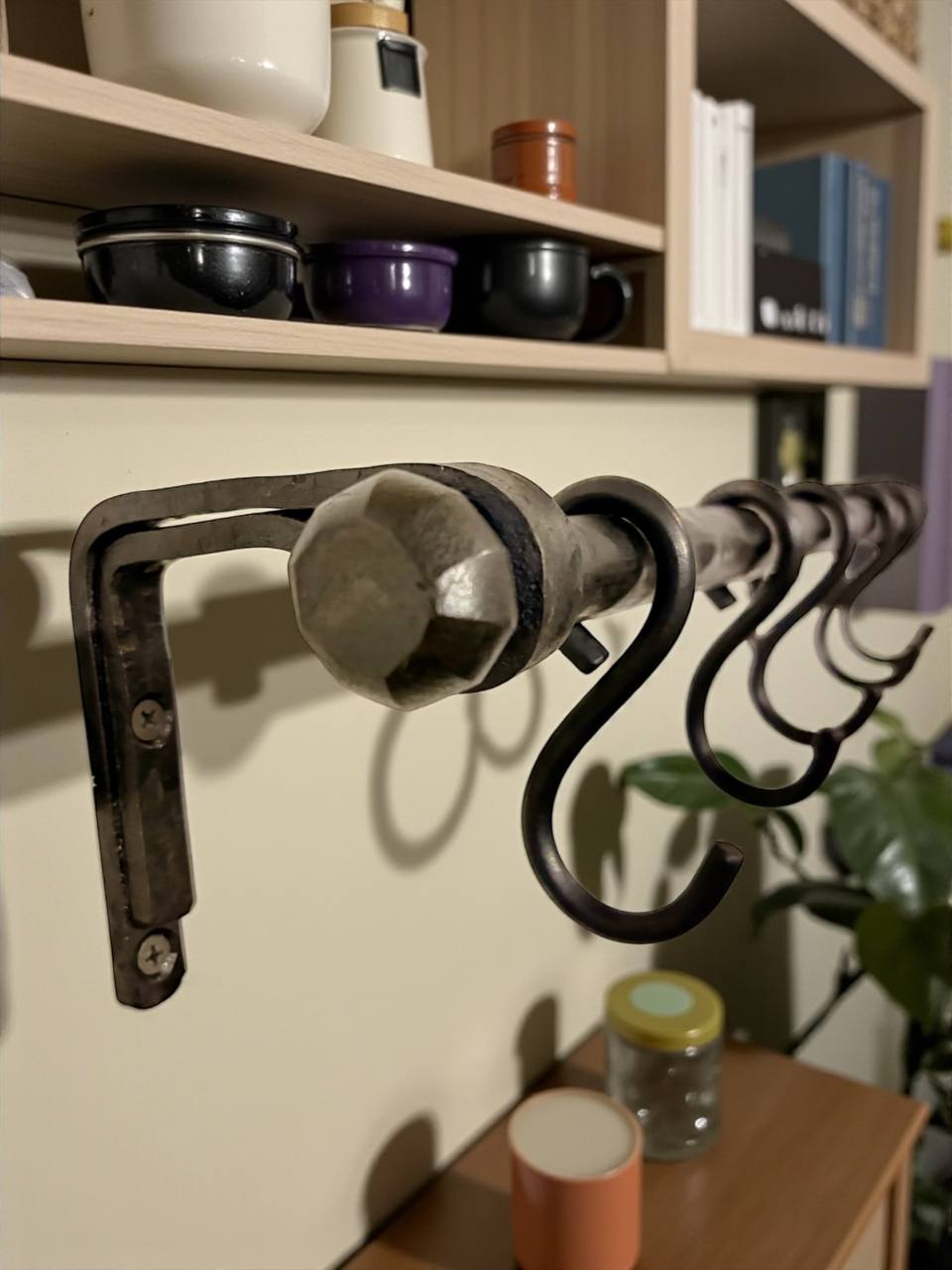 Forged Iron Kitchen Rail with Hooks–Heavy Duty Wall Pot Rack,Handcrafted Steel Tube