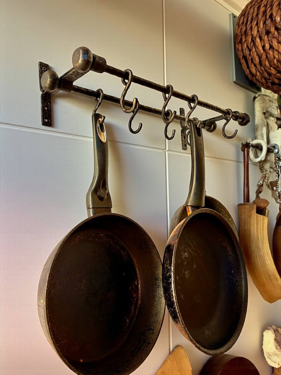 Hand Forged Iron Kitchen Shelf ,Double Bar Wall Mounted Pot and Cup Holder,Black Metal Organizer in Industrial Loft Style