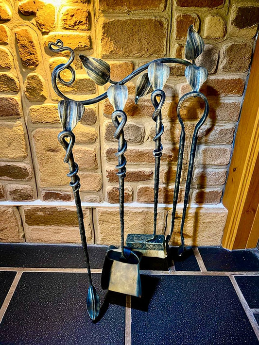 Hand Forged Fireplace Tool Set Wrought Iron Fire Tools with Leaf Hooks Nature Inspired Hearth Accessories Rustic Blacksmith Decor
