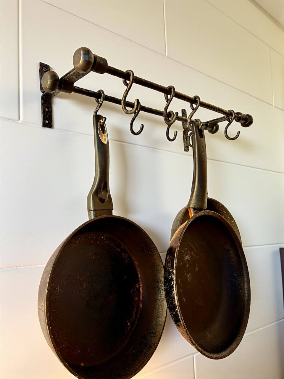 Hand Forged Iron Kitchen Shelf ,Double Bar Wall Mounted Pot and Cup Holder,Black Metal Organizer in Industrial Loft Style