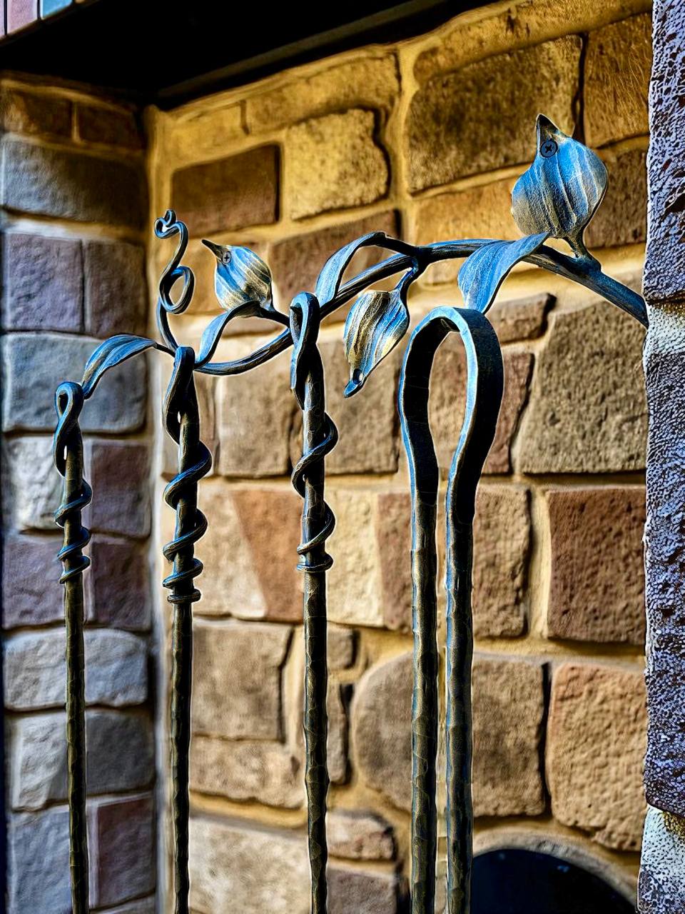 Hand Forged Fireplace Tool Set Wrought Iron Fire Tools with Leaf Hooks Nature Inspired Hearth Accessories Rustic Blacksmith Decor