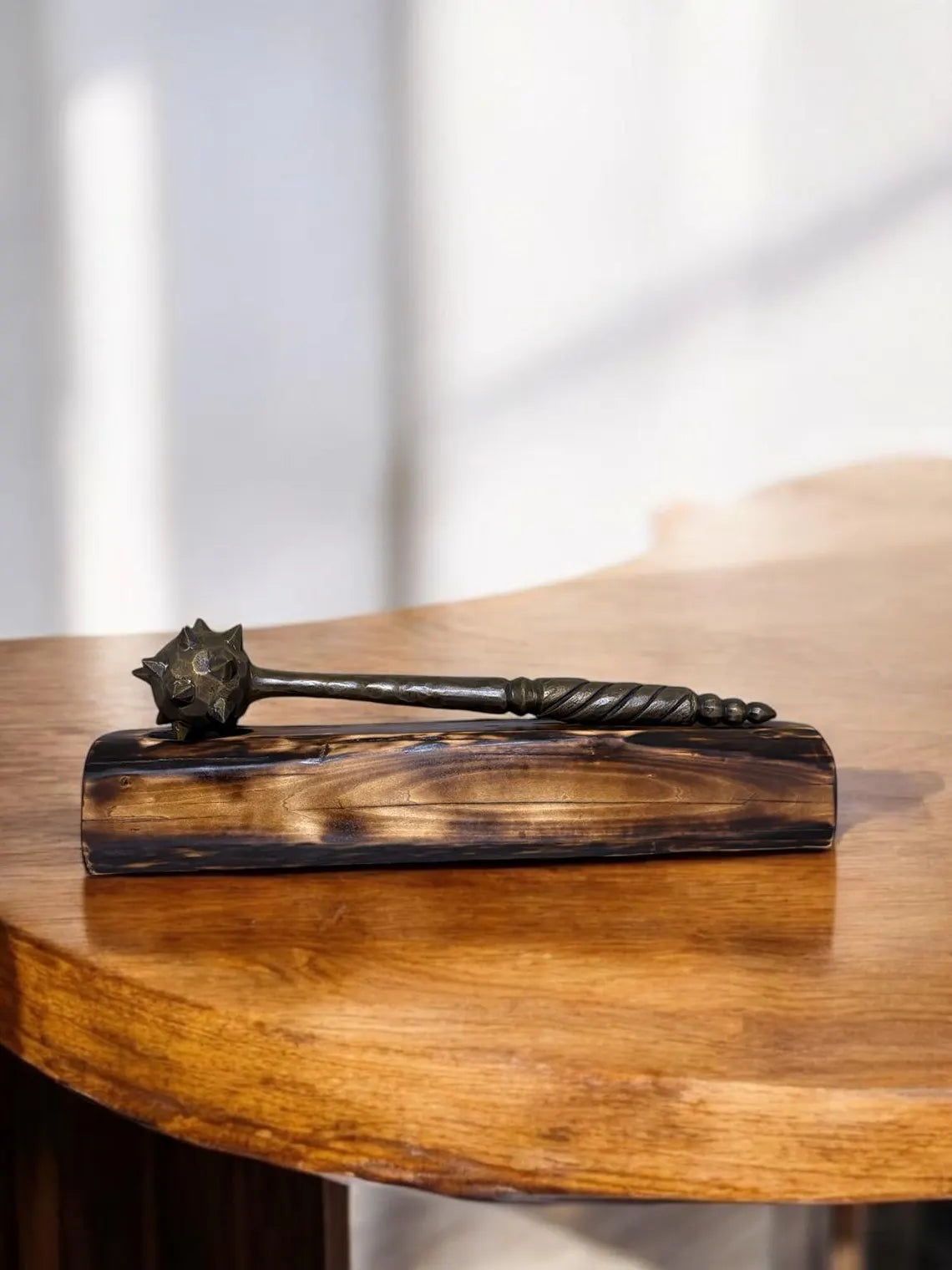 Hand-Forged Mace with Burnt Wood Stand: Medieval Warrior Decor
