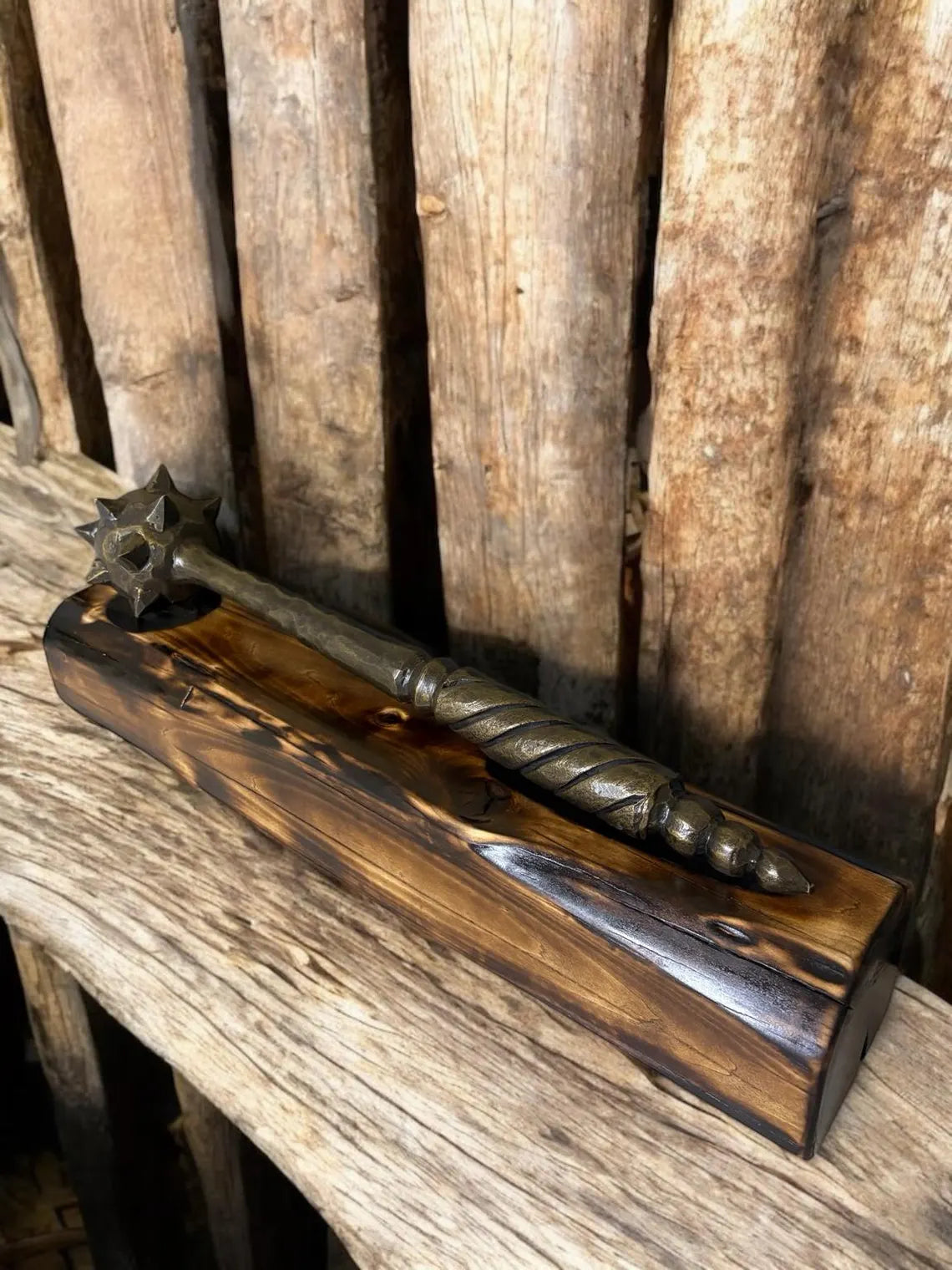 Hand-Forged Mace with Burnt Wood Stand: Medieval Warrior Decor