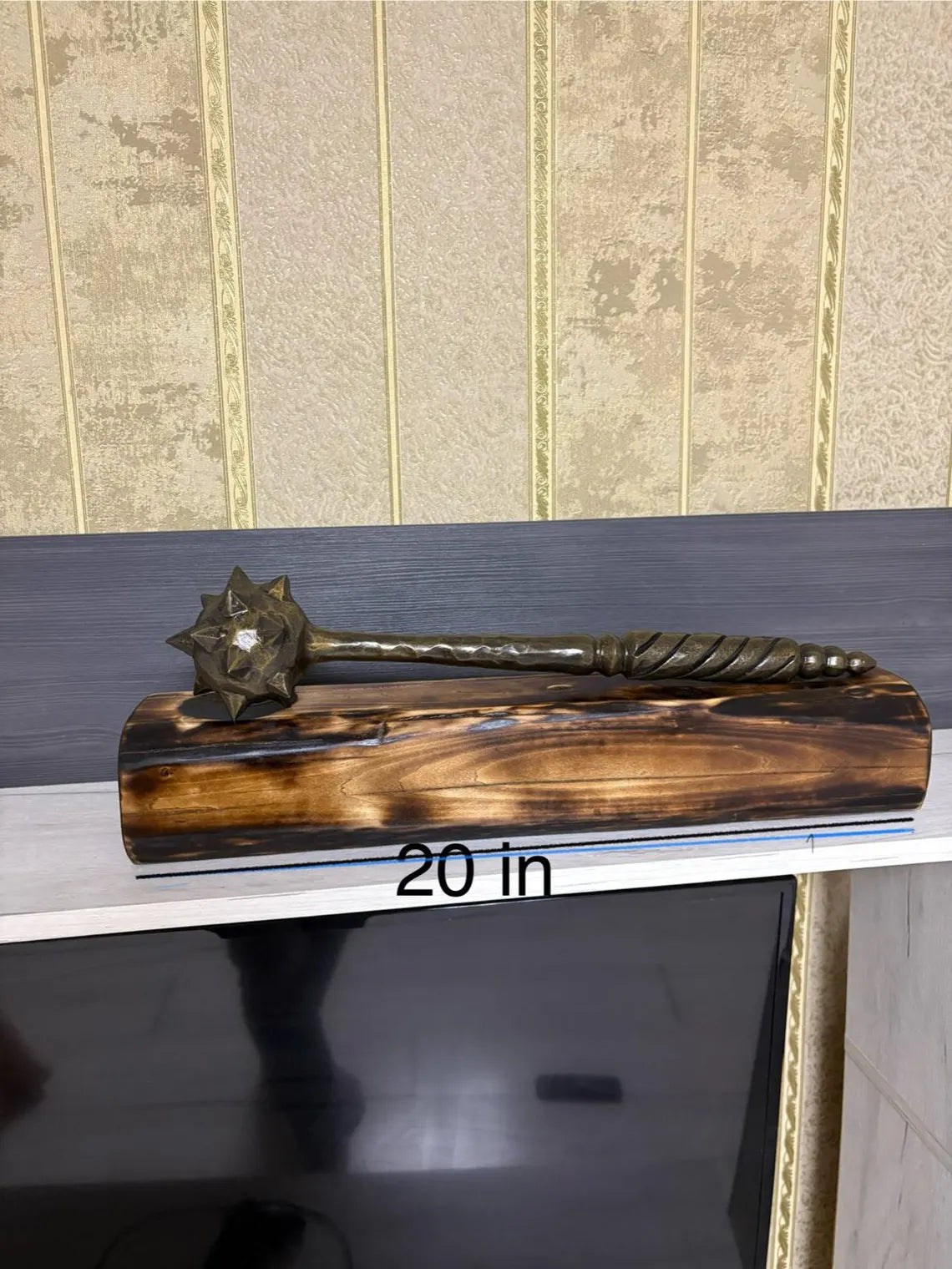 Hand-Forged Mace with Burnt Wood Stand: Medieval Warrior Decor