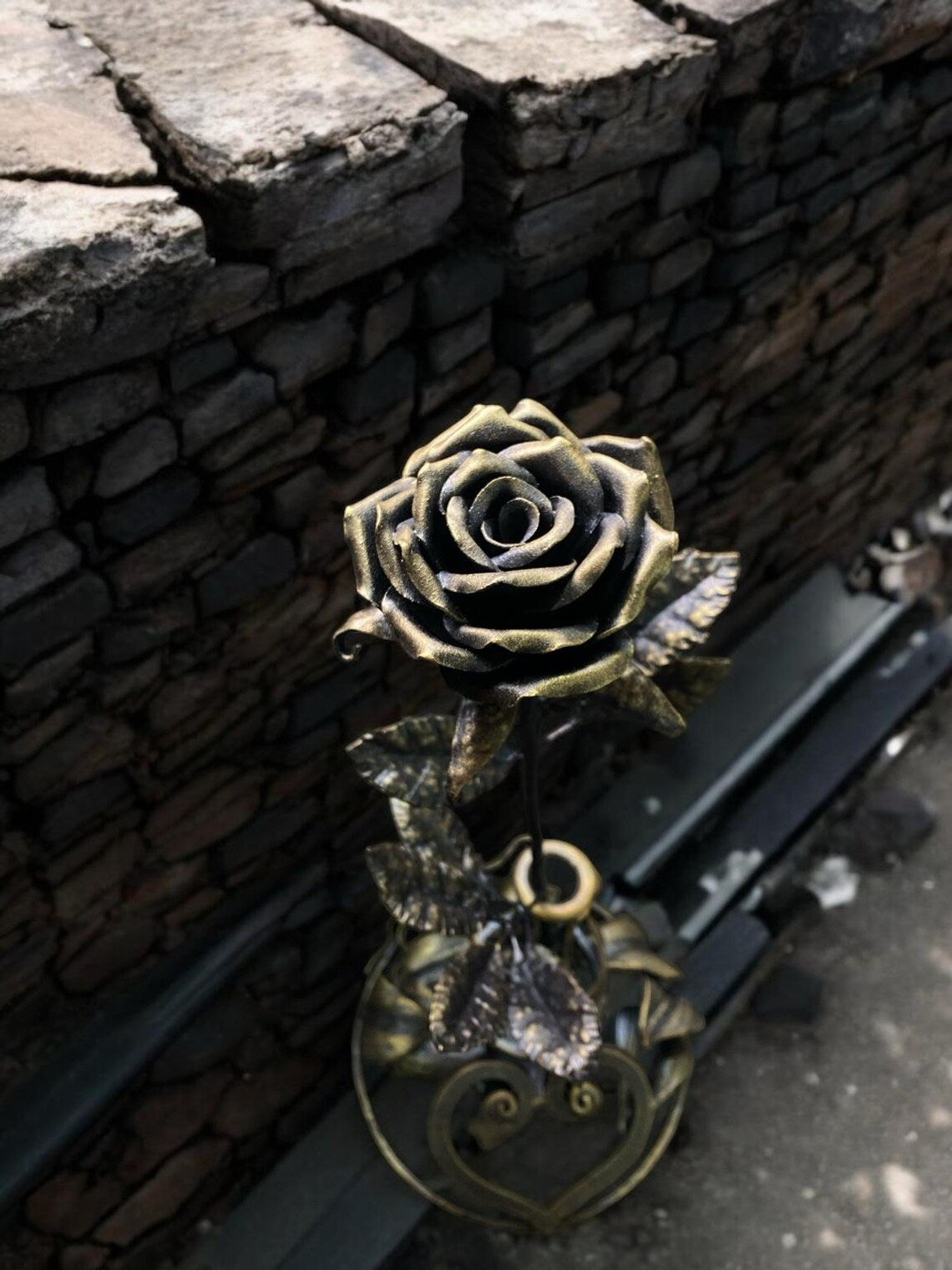 Hand-Forged Iron Rose with Heart Base вЂ“ A Symbol of Eternal Love