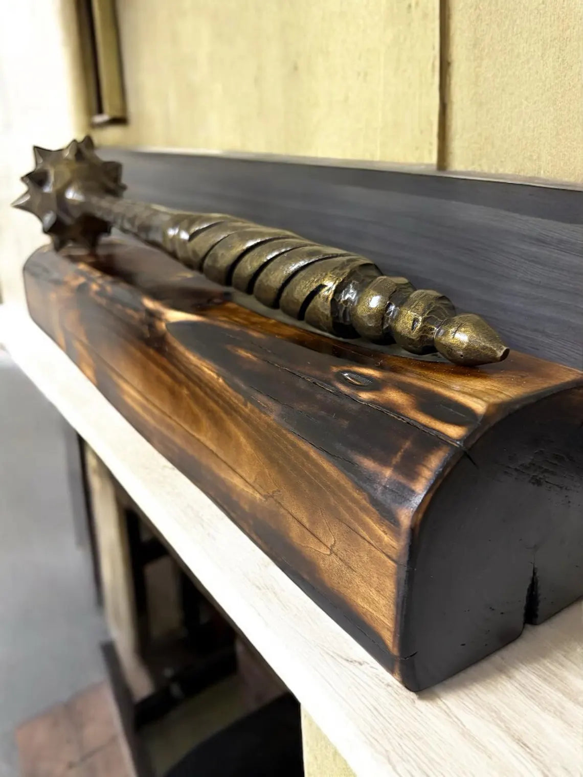 Hand-Forged Mace with Burnt Wood Stand: Medieval Warrior Decor
