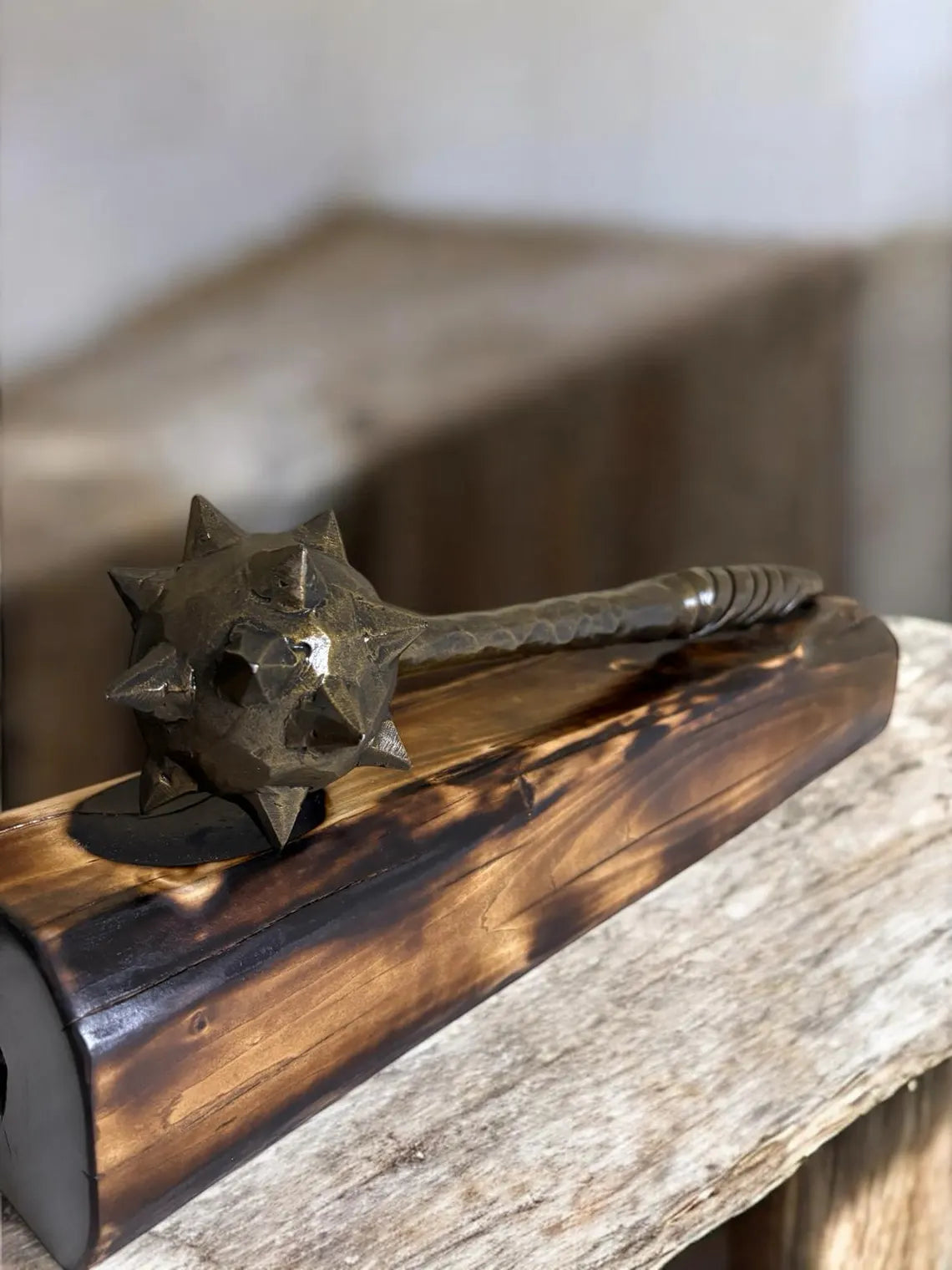 Hand-Forged Mace with Burnt Wood Stand: Medieval Warrior Decor