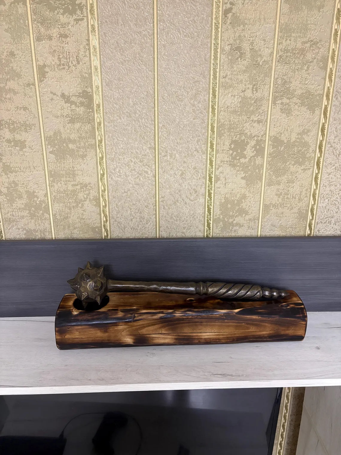 Hand-Forged Mace with Burnt Wood Stand: Medieval Warrior Decor