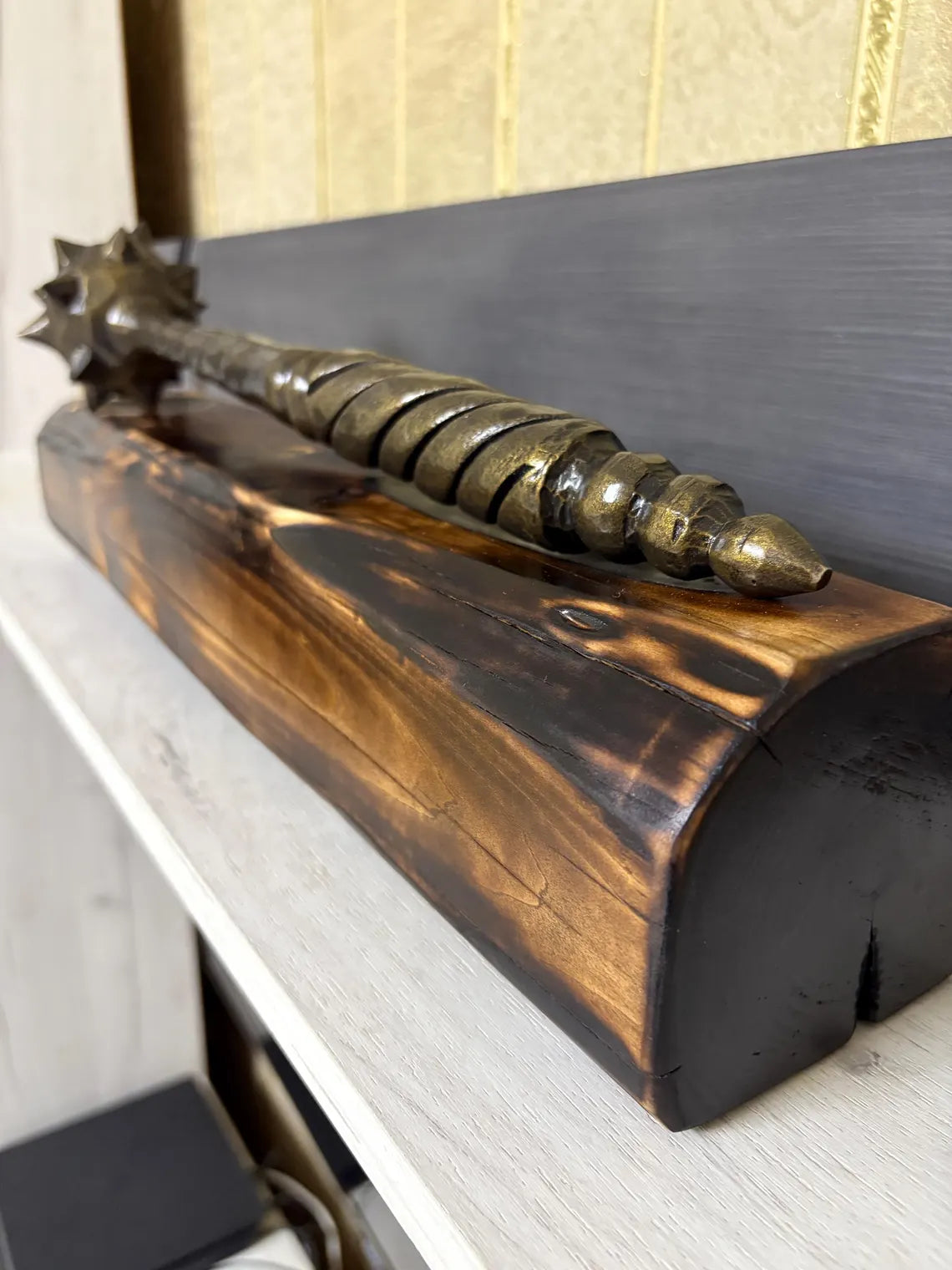 Hand-Forged Mace with Burnt Wood Stand: Medieval Warrior Decor