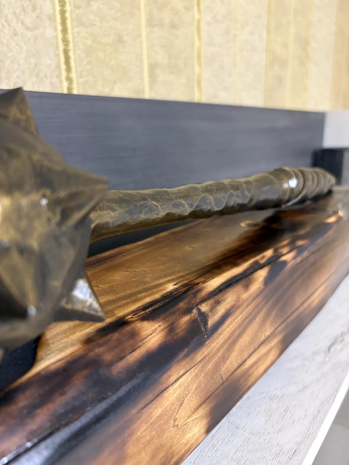 Hand-Forged Mace with Burnt Wood Stand: Medieval Warrior Decor