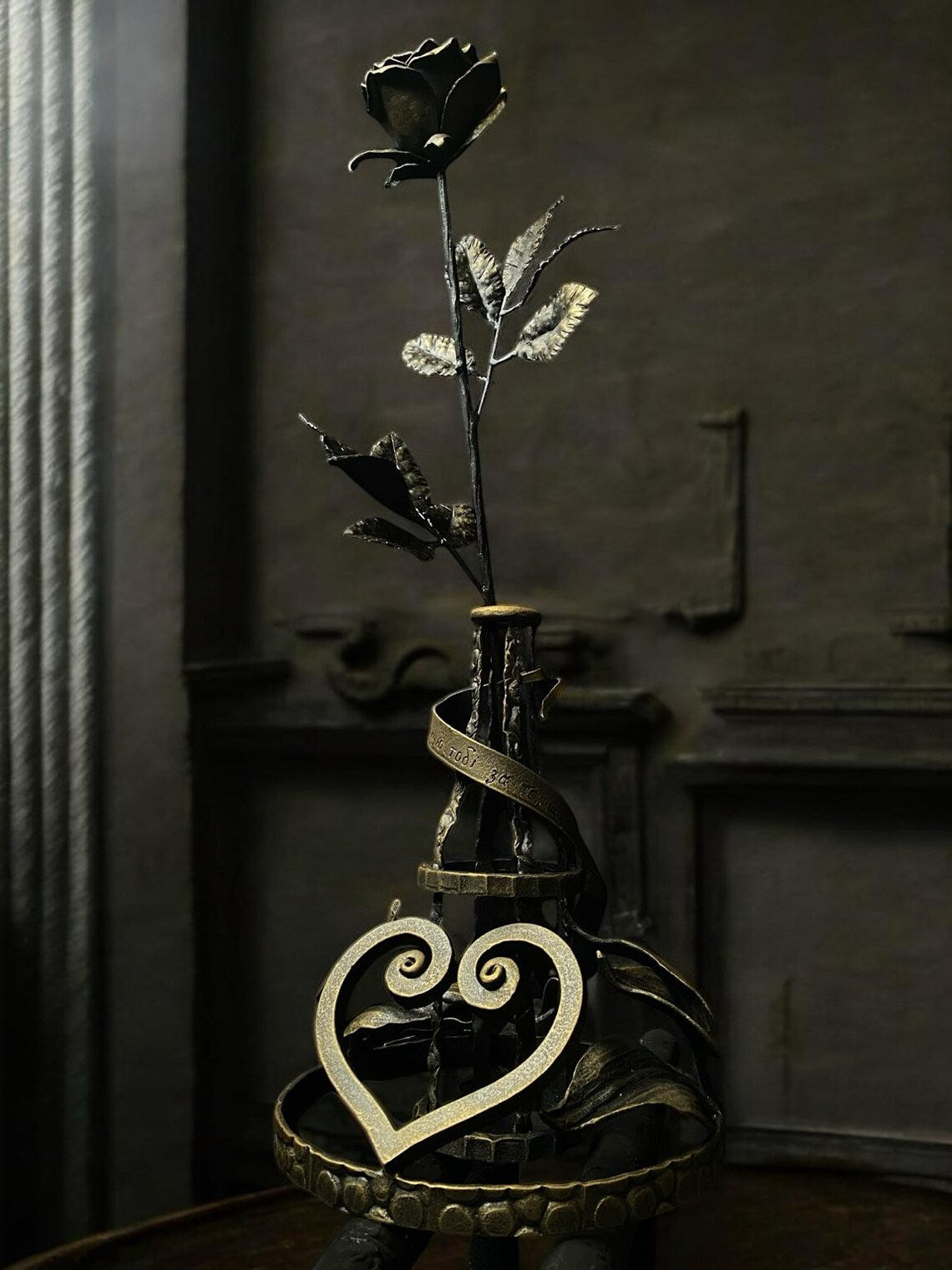 Hand-Forged Iron Rose with Heart Base вЂ“ A Symbol of Eternal Love