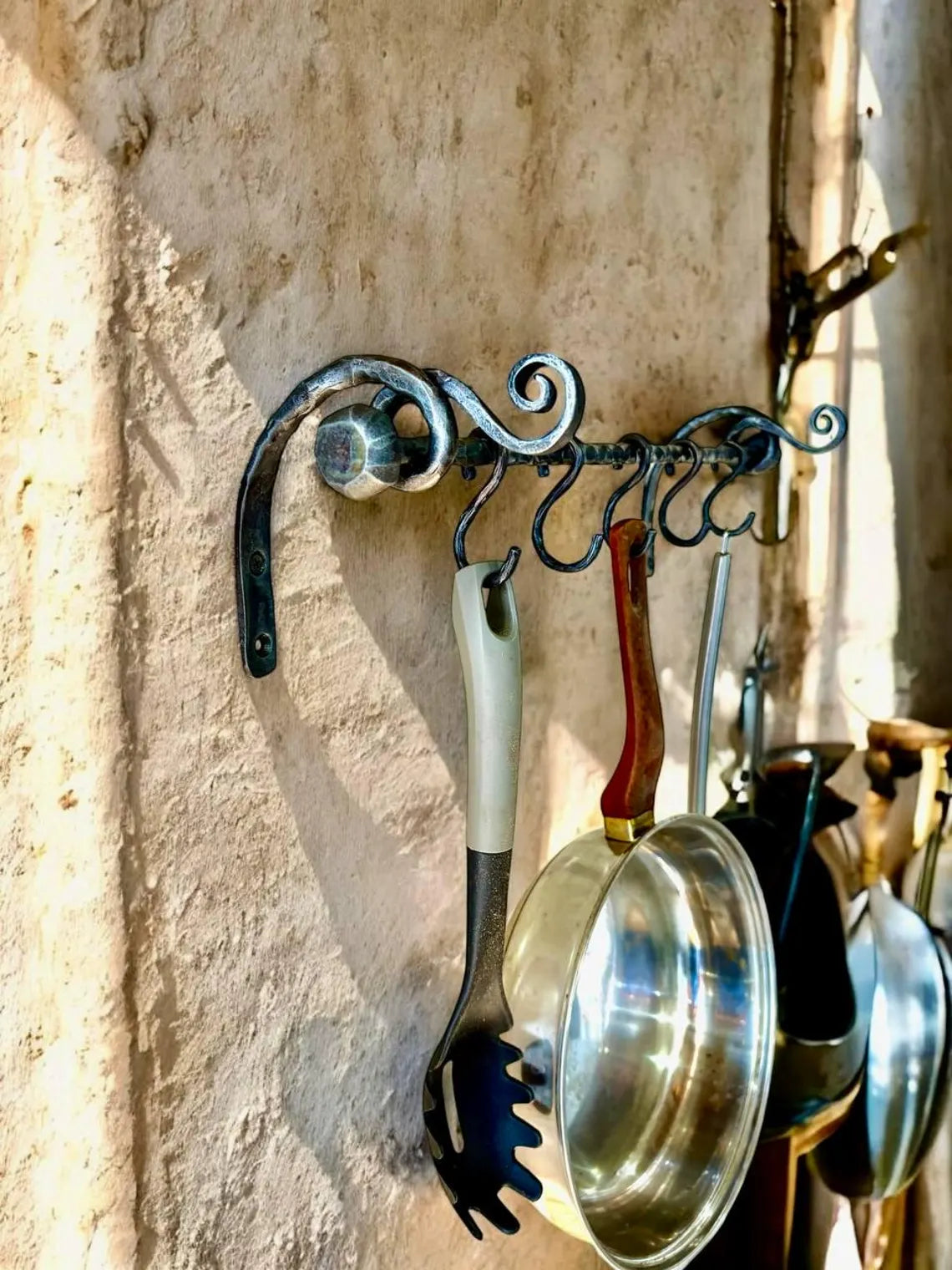 Hand Forged Iron Pot Rack: Rustic Kitchen Utensil Rail