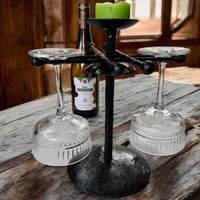 Hand Forged Iron Wine Glass Holder with Candle Tray: Rustic Bar Centerpiece, gift for the new arrival