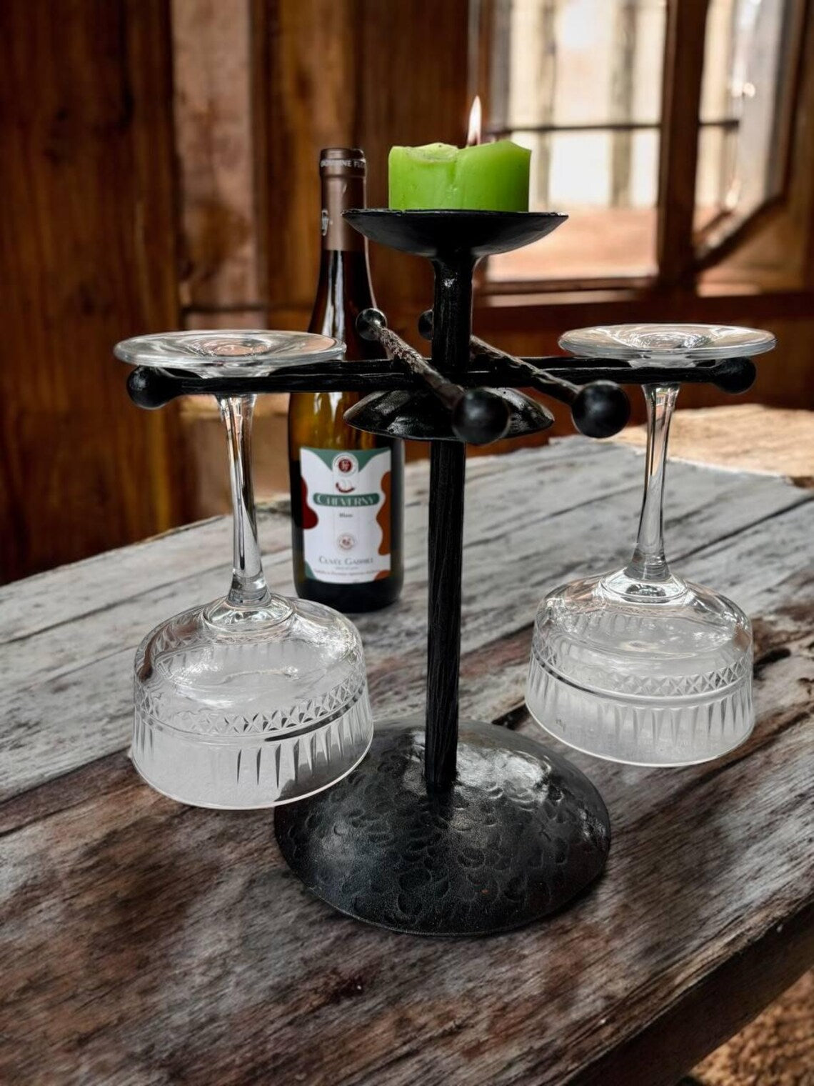 Hand Forged Iron Wine Glass Holder with Candle Tray: Rustic Bar Centerpiece, gift for the new arrival