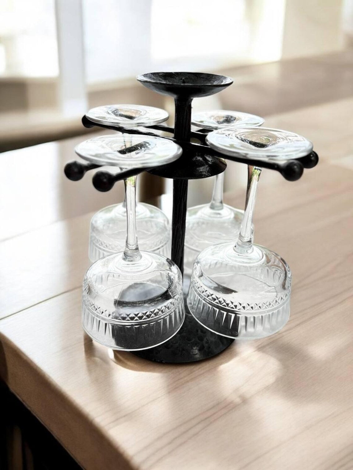 Hand Forged Iron Wine Glass Holder with Candle Tray: Rustic Bar Centerpiece, gift for the new arrival