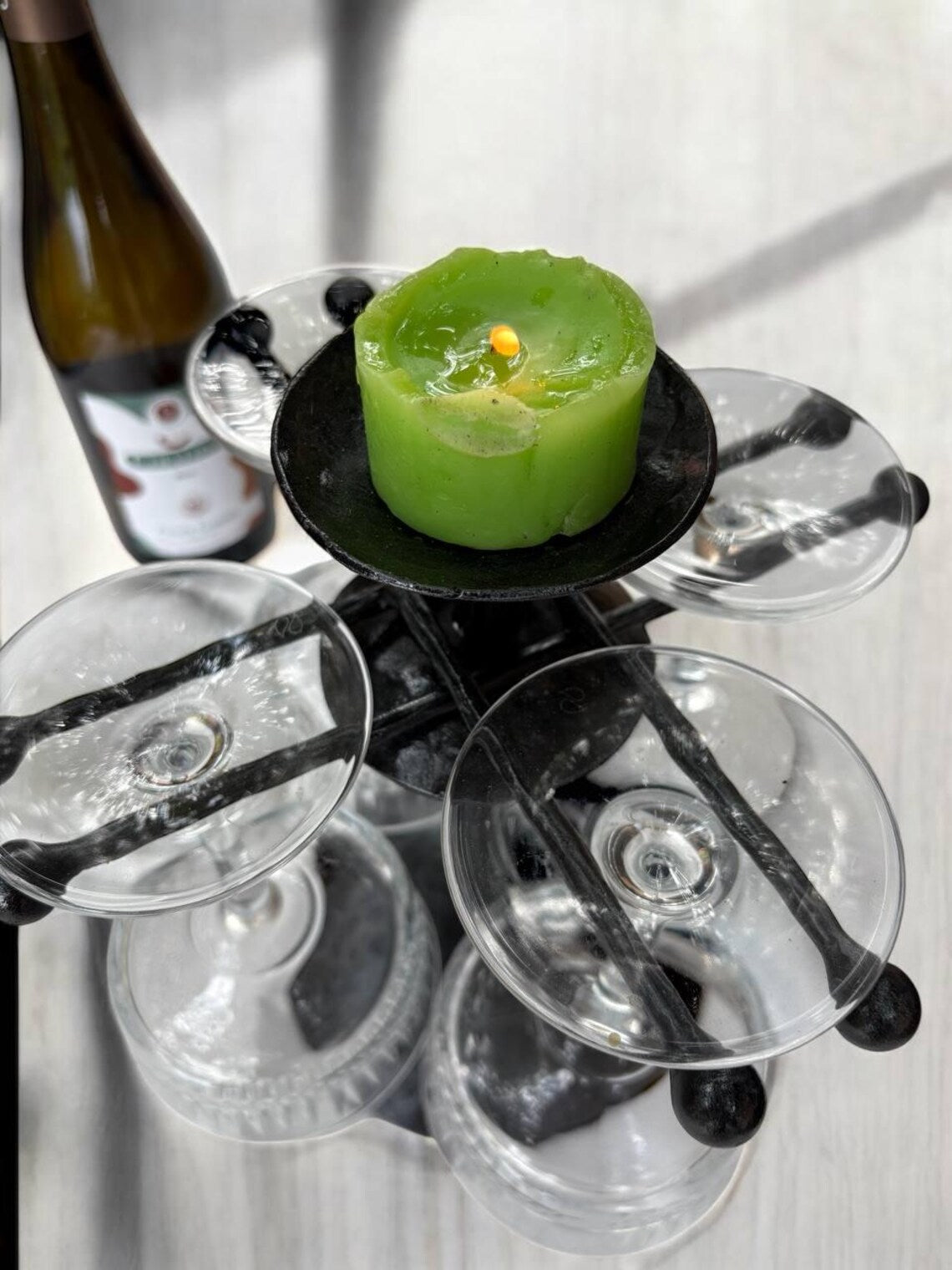 Hand Forged Iron Wine Glass Holder with Candle Tray: Rustic Bar Centerpiece, gift for the new arrival