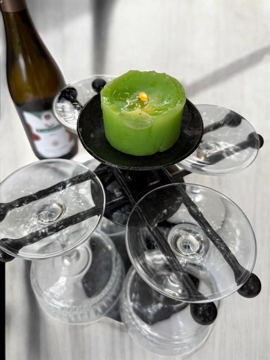 Hand Forged Iron Wine Glass Holder with Candle Tray: Rustic Bar Centerpiece, gift for the new arrival