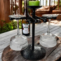 Hand Forged Iron Wine Glass Holder with Candle Tray: Rustic Bar Centerpiece, gift for the new arrival