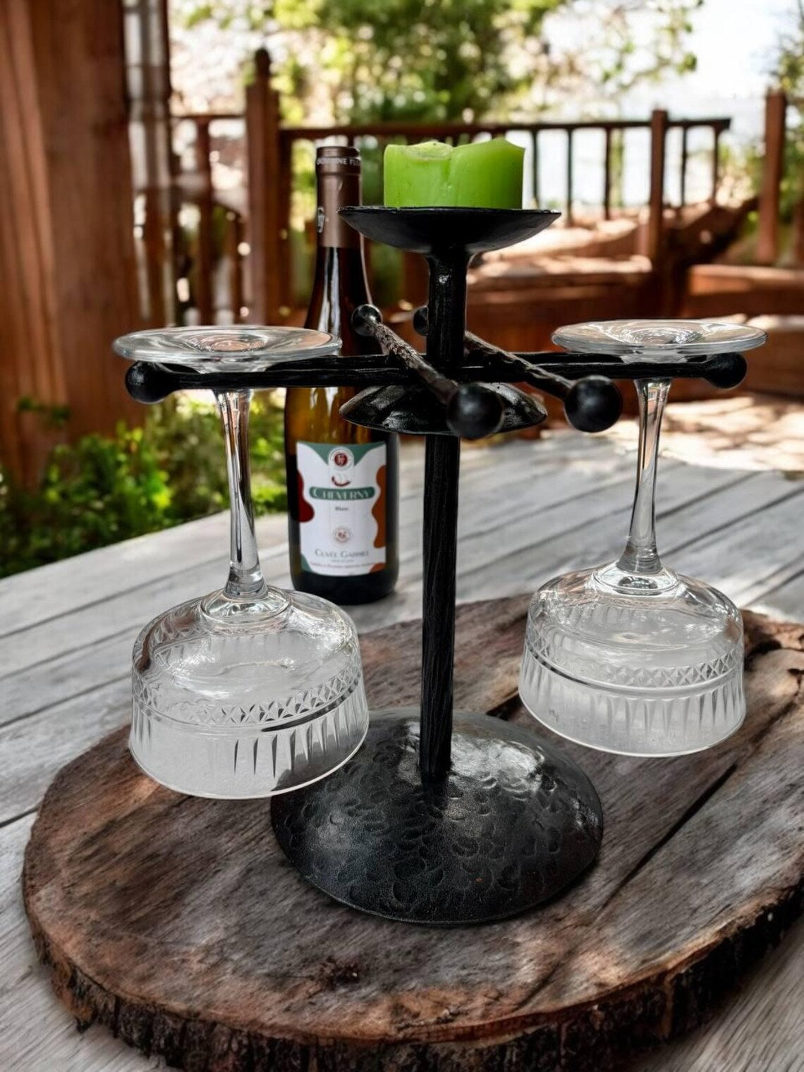 Hand Forged Iron Wine Glass Holder with Candle Tray: Rustic Bar Centerpiece, gift for the new arrival