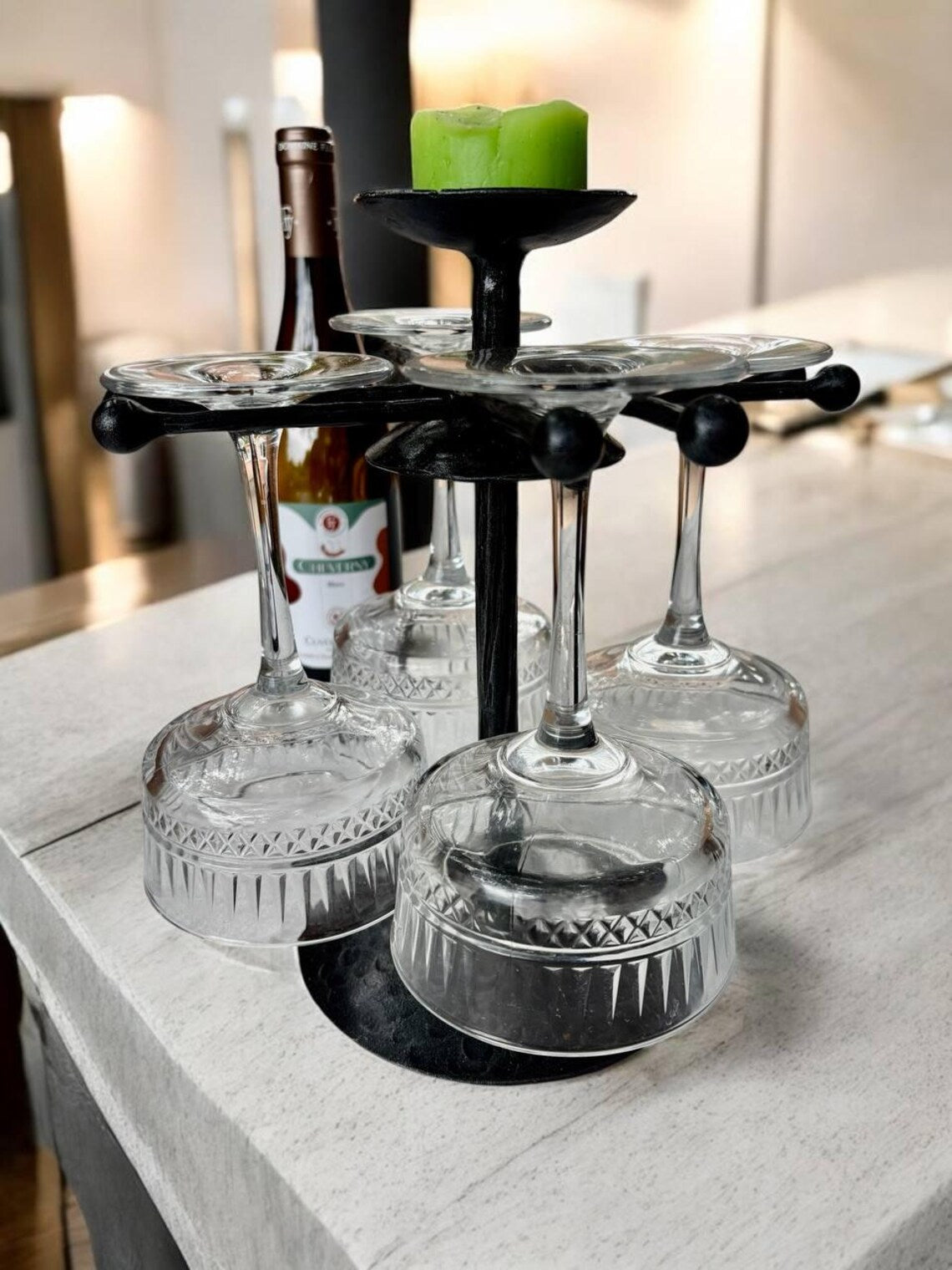 Hand Forged Iron Wine Glass Holder with Candle Tray: Rustic Bar Centerpiece, gift for the new arrival