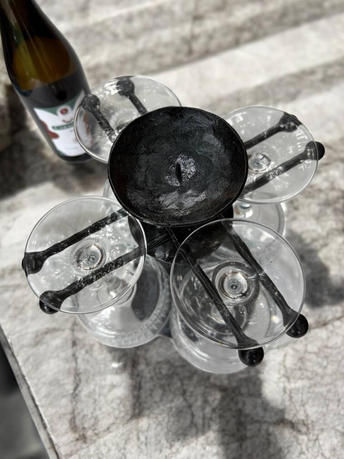 Hand Forged Iron Wine Glass Holder with Candle Tray: Rustic Bar Centerpiece, gift for the new arrival