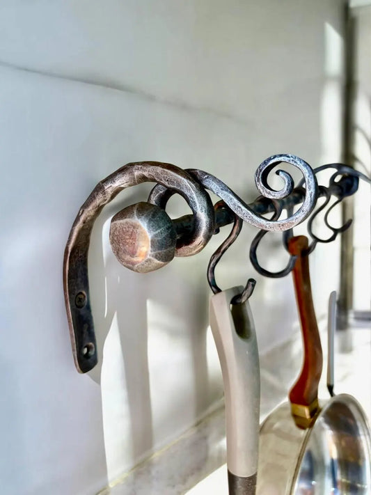 Hand Forged Iron Pot Rack: Rustic Kitchen Utensil Rail